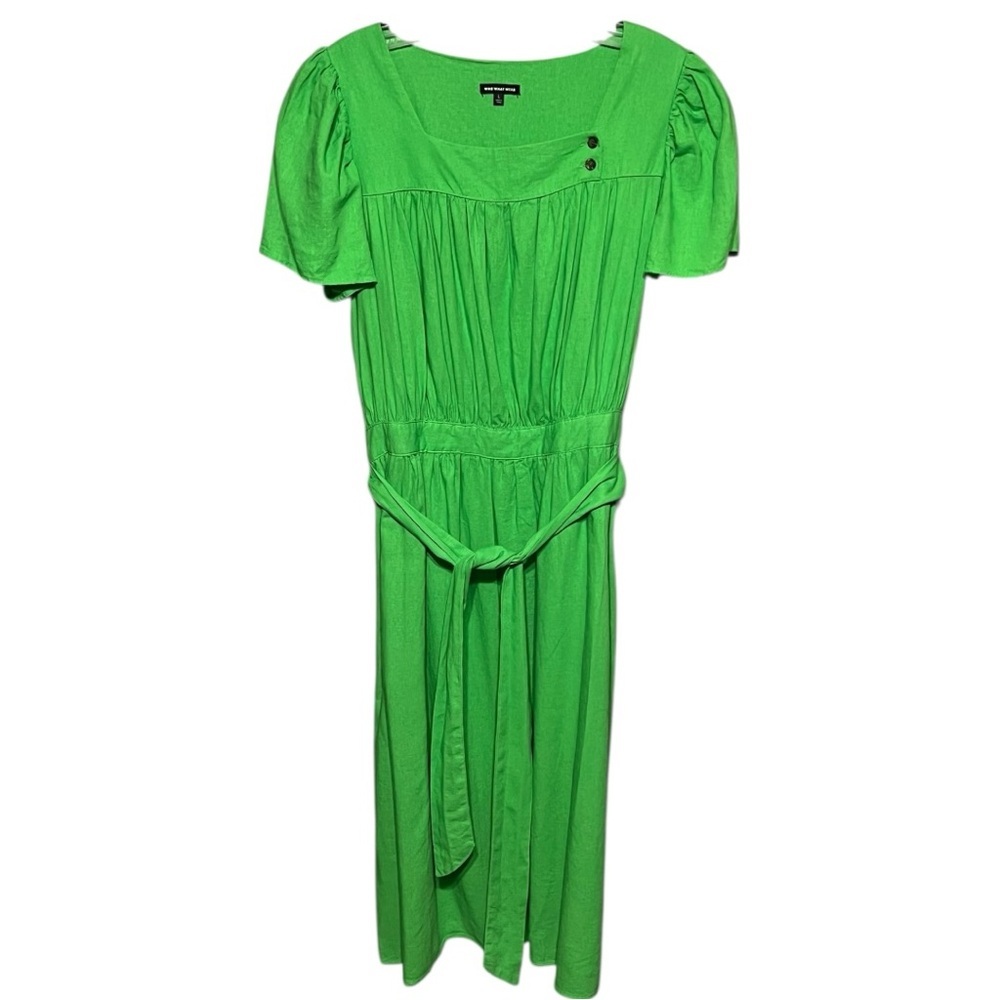 Who What Wear Kelly Green Linen Blend Midi Dress Large Puff Sleeve Belted Lined